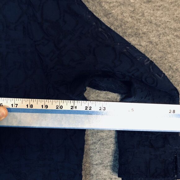 Alfred Dunner Blouse Womens 12 Navy Blue Semi Sheer Lace Geometric Button-Down - Picture 8 of 11